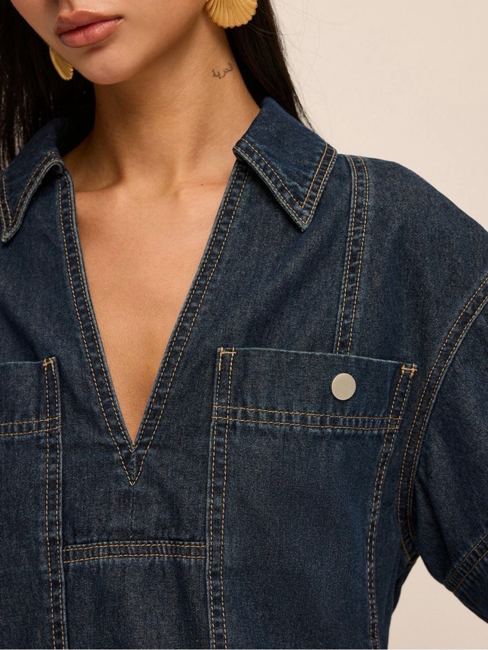 Commense Denim Short Sleeve Blouse & Skirt Set - Picture 2 of 6
